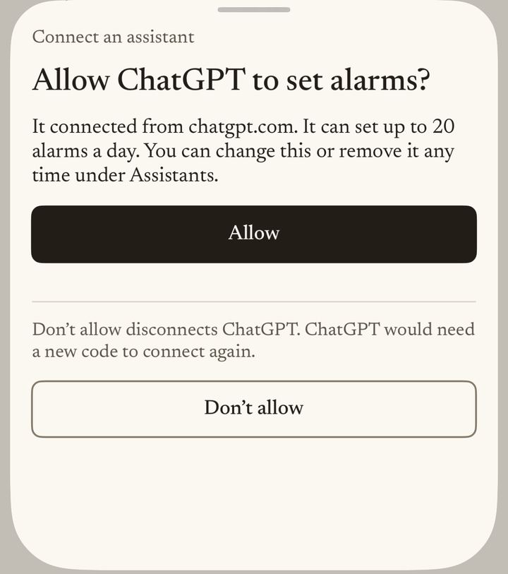 Peal's Allow sheet: Allow ChatGPT to set alarms? It connected from chatgpt.com. It can set up to 20 alarms a day. An Allow button, and a separate Don't allow button below.
