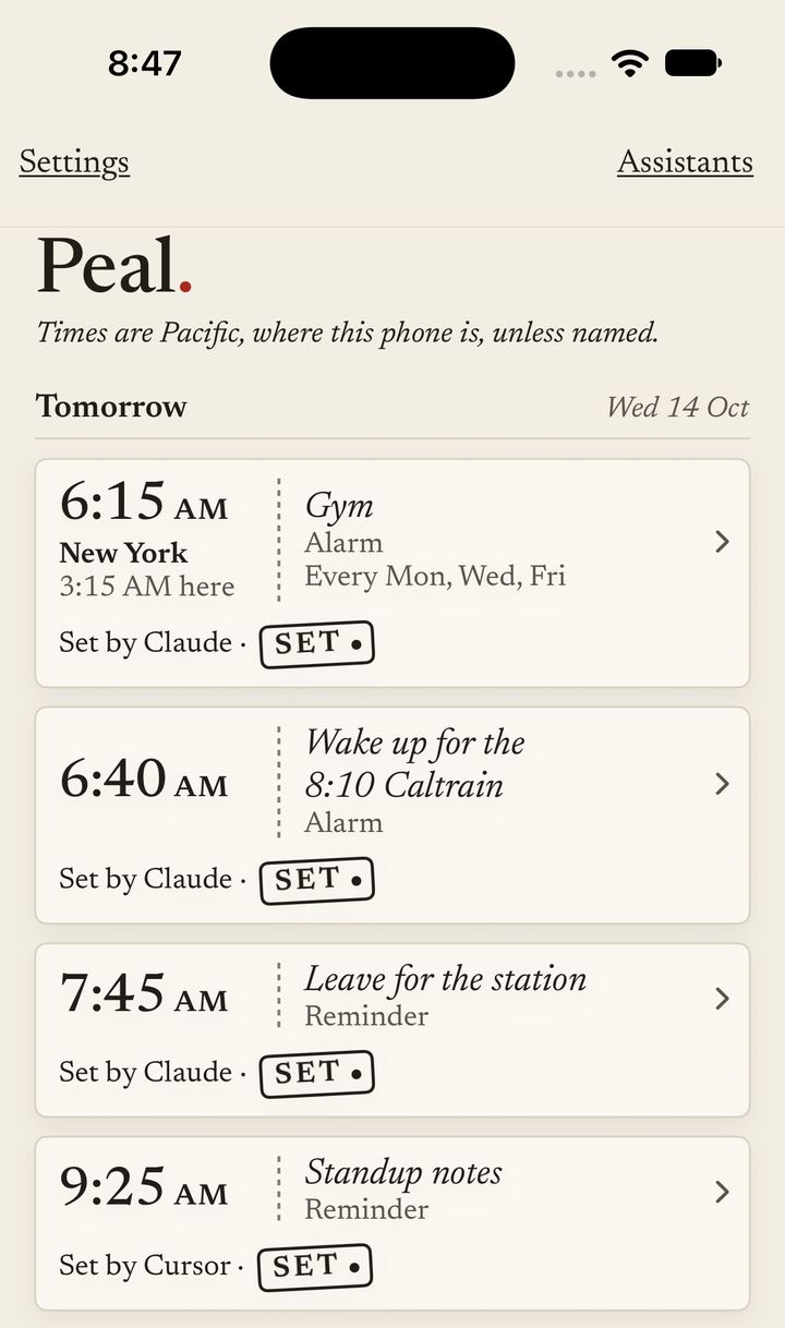Peal's home screen: a list of alarm slips for tomorrow, such as 6:40 AM, Wake up for the 8:10 Caltrain, Set by Claude, each stamped SET.