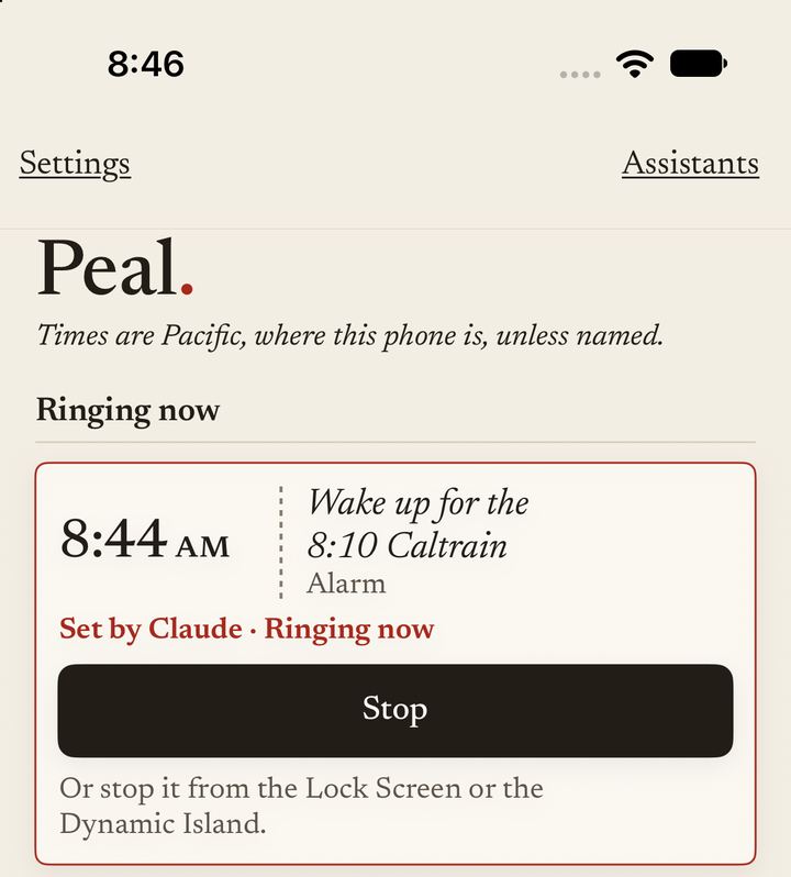 Peal ringing: 8:44 AM, Wake up for the 8:10 Caltrain, Set by Claude, Ringing now, with a Stop button.